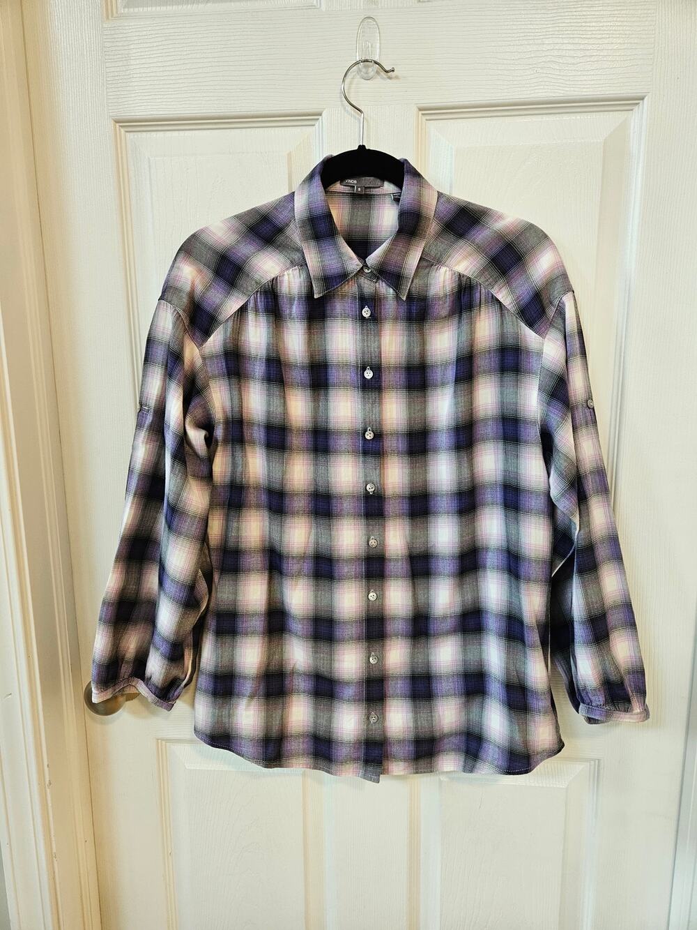 Vince Women's Small Plaid Button Front Roll Tab Shirt Purple Gray Pink
